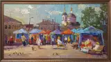 Картина. Александр Филиппов. Ярмарочный день в Боровске. Холст, масло. 45х85 см. Авторская живопись.