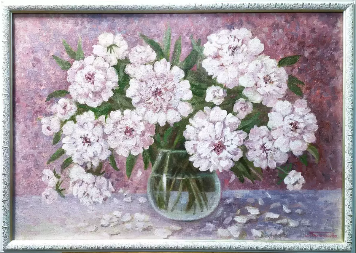 Картина. Тамара Брюханова-Лесникова Белые пионы, холст, масло, 53х70 см. Авторская живопись.