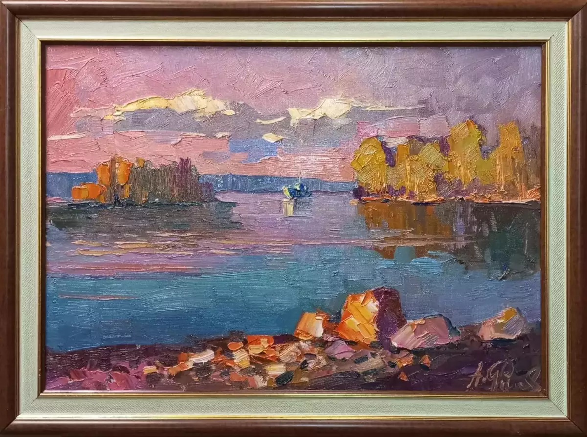 Картина. Александр Филиппов. На закате Калязин. Холст, масло. 35х50 см. Авторская живопись.