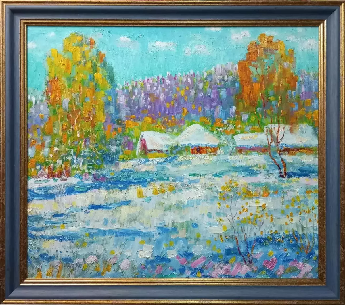 Картина. Сулеков Юрий Снег в сентябре оргалит, масло 53х60 см. Авторская живопись.