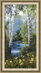 Гобелен в раме. Летний пейзаж с березами. 42х77 см, 715-61