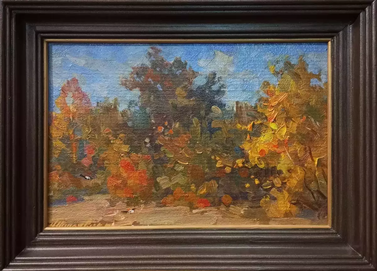 Картина. Александр Поплавский. Осень в саду. Картон, масло. 20х30 см. Авторская живопись.