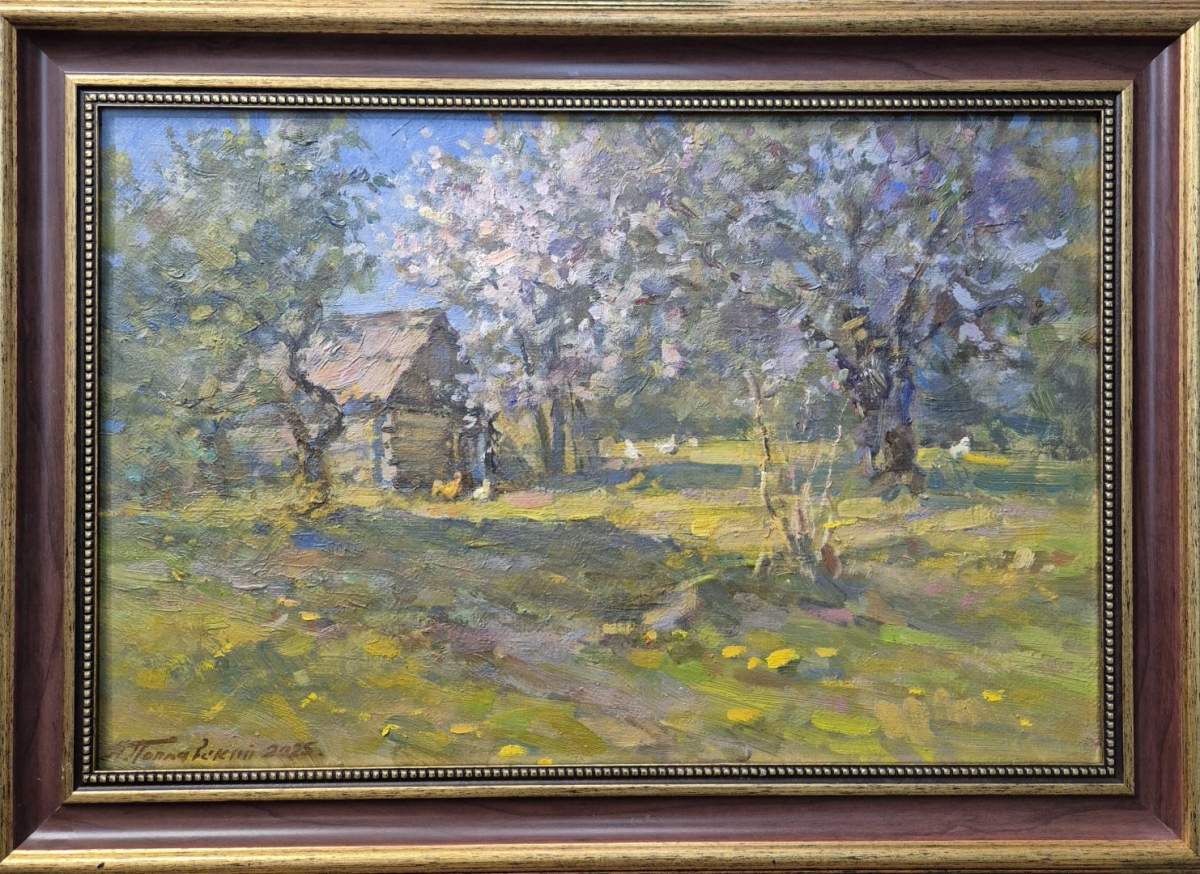 Картина. Александр Поплавский. В весеннем саду. Картон, масло. 30х45 см. Авторская живопись.