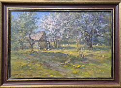Картина. Александр Поплавский. В весеннем саду. Картон, масло. 30х45 см. Авторская живопись. 