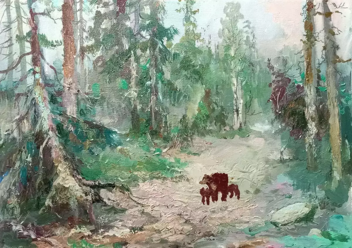 Картина. Леонид Куйкин Лесное семейство, холст, картон, масло, 35х50 см. Авторская живопись.