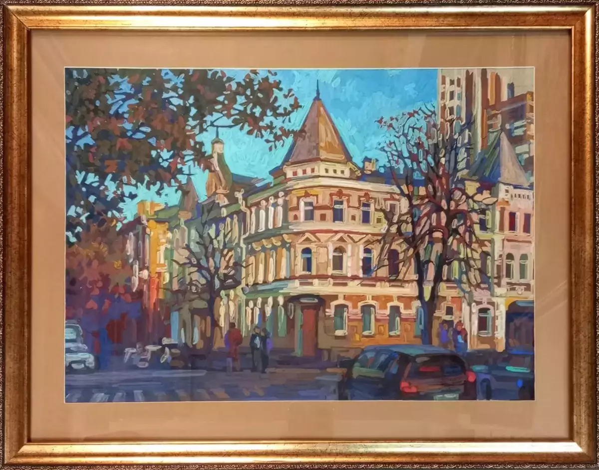Картина. Надежда Трунова Воронеж. Здание бывшей гостиницы купца М.Воищева на ул.Средне-Московская, картон, гуашь, темпера 49х31 см. Авторская живопись.