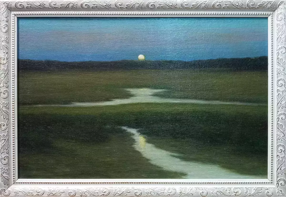 Попов Дмитрий. Moonrise вольная копия Dennis Sheehan. Холст, картон, масло. 26х40 см. Авторская живопись