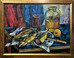 Картина. Оксана Смотрова. Натюрморт со скумбрией. Картон, масло. 49х65 см. Авторская живопись.