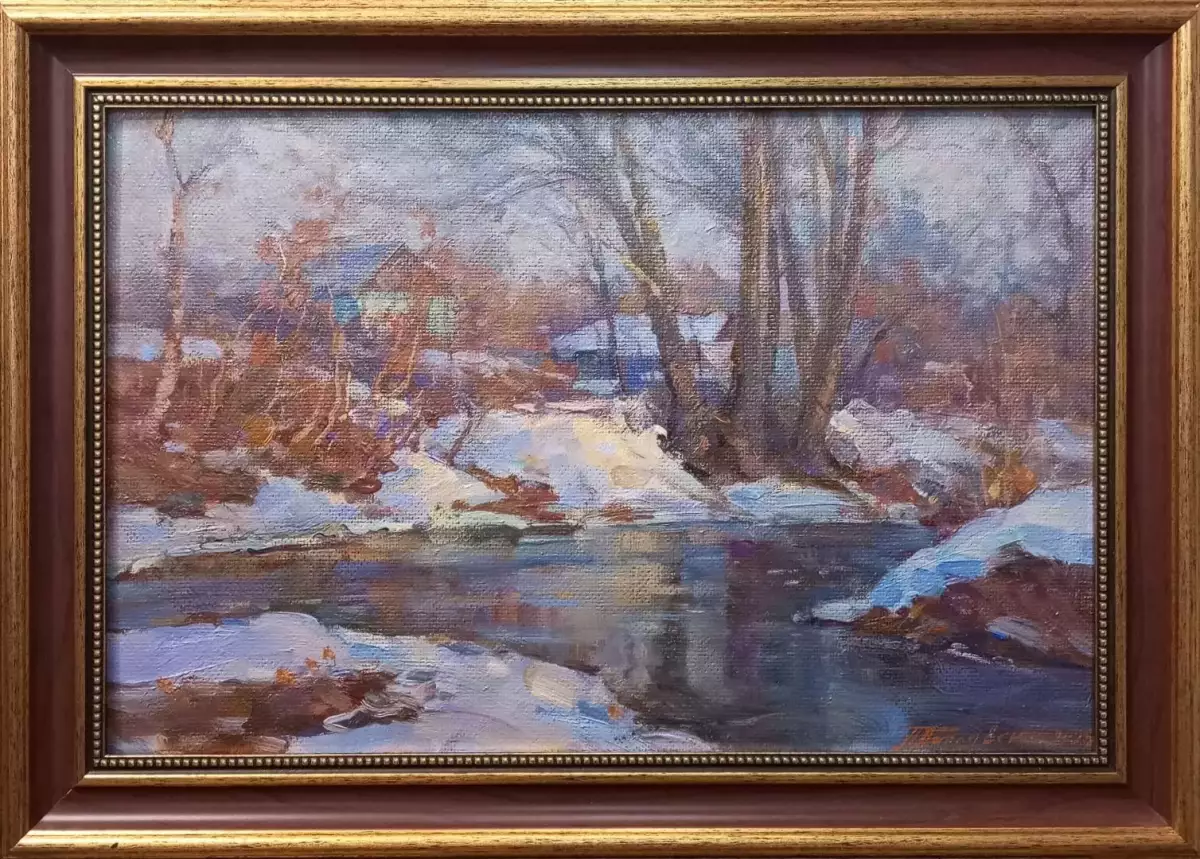 Картина. Александр Поплавский. В марте. Оргалит, масло. 30х45 см. Авторская живопись.