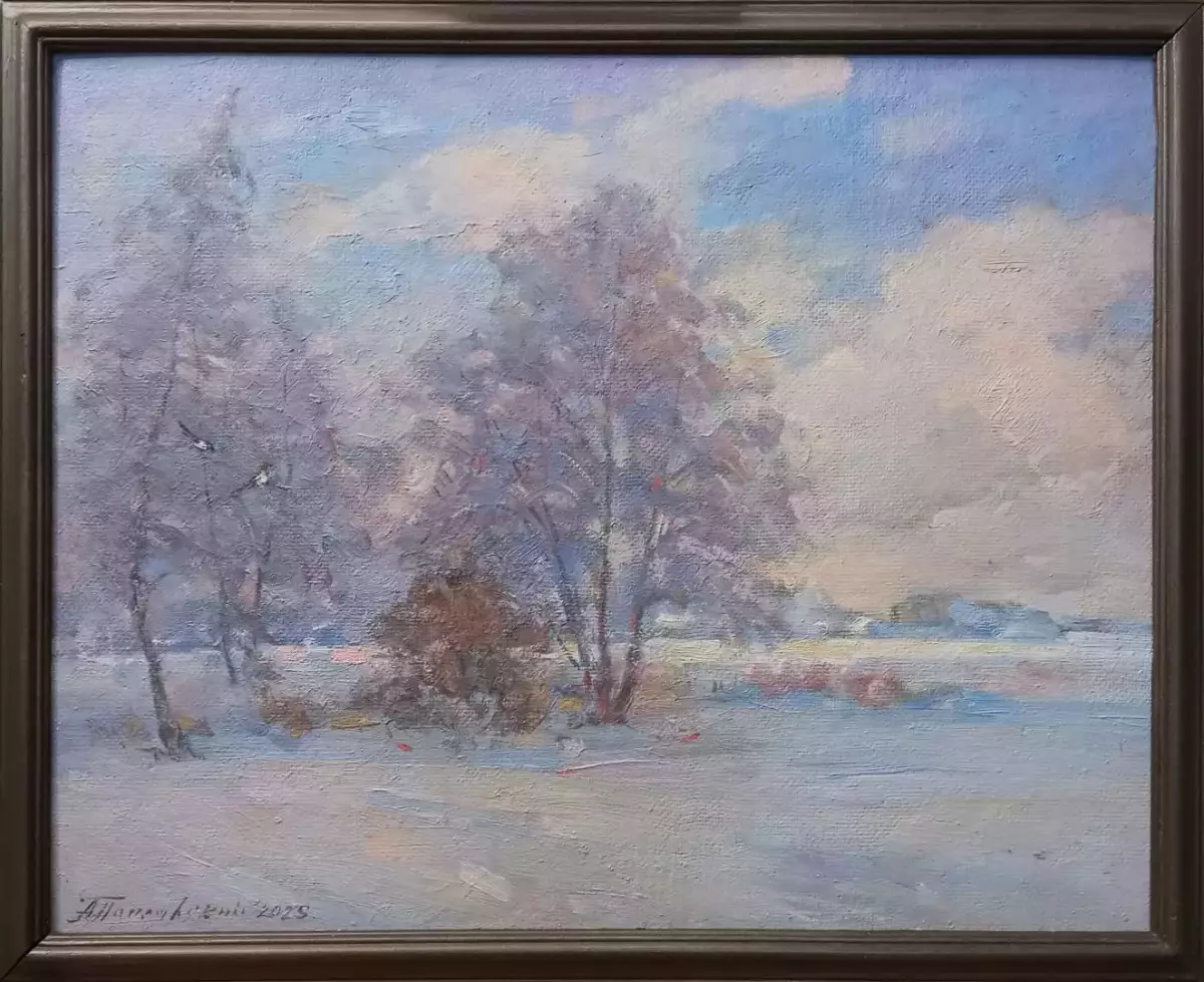 Картина. Александр Поплавский. Морозный вечер. Картон, масло. 38х48 см. Авторская живопись.