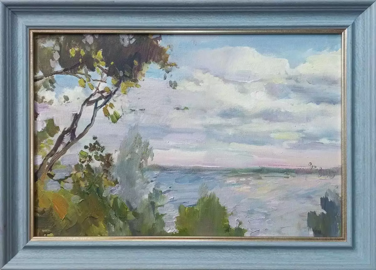 Картина. Анастасия Голубцова. Облака над берегом. Холст, картон, масло. 20х30 см. Авторская живопись.
