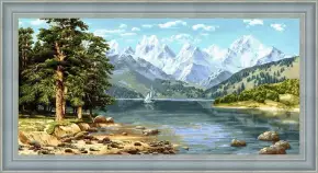 Гобелен в раме. Парусник среди гор. 39х78 см