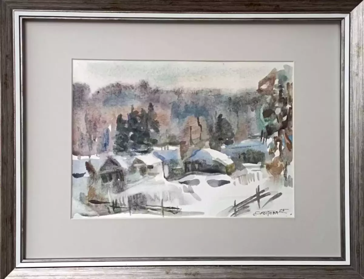 Картина. Оксана Смотрова. Зимний пейзаж. Бумага, акварель. 19х26 см. Авторская живопись.