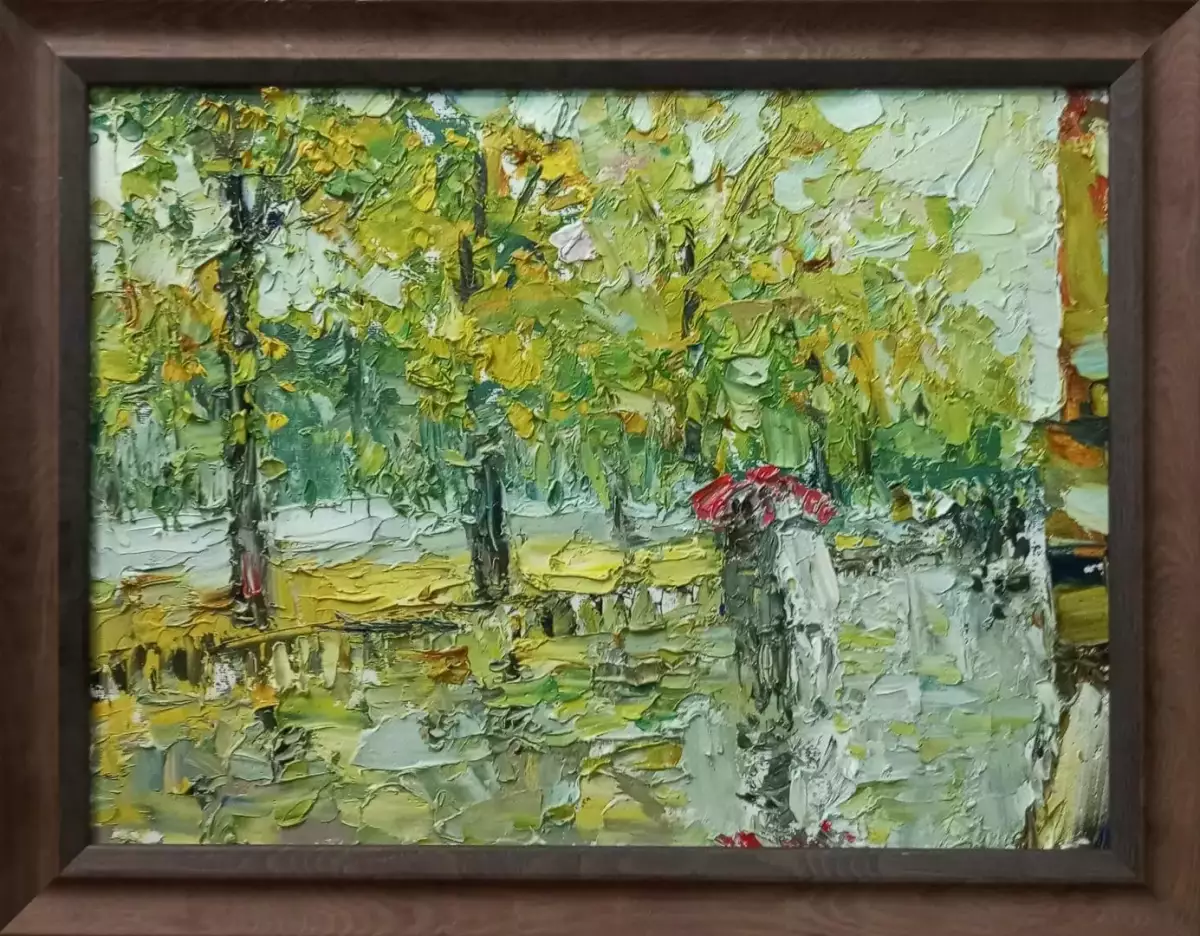 Картина. Инна Москалева. Под дождем. Холст, картон, масло. 30х40 см. Авторская живопись.