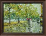 Картина. Инна Москалева. Под дождем. Холст, картон, масло. 30х40 см. Авторская живопись.