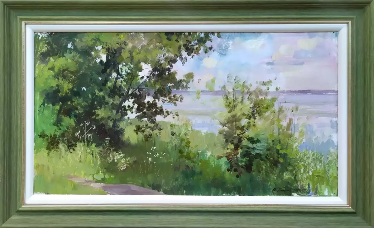 Картина. Михаил Петров У реки, этюд 2019г, картон, масло, 22х41 см. Авторская живопись.