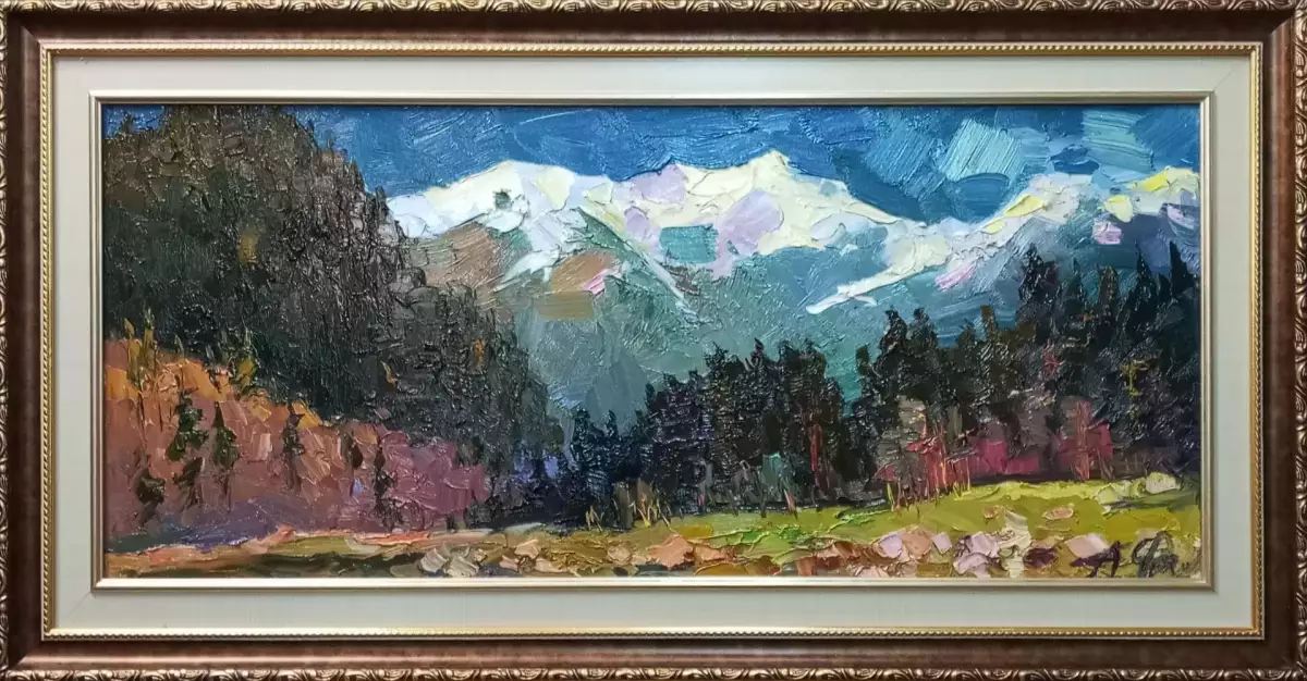 Картина. Александр Филиппов. Снежные вершины Архыза. Холст, масло. 30х70 см. Авторская живопись.