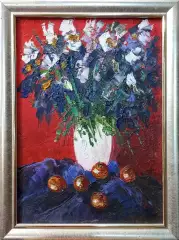 Картина. Роман Серебрянский. Ирисы и яблоки. Картон, масло, 21х15 см. Авторская живопись.