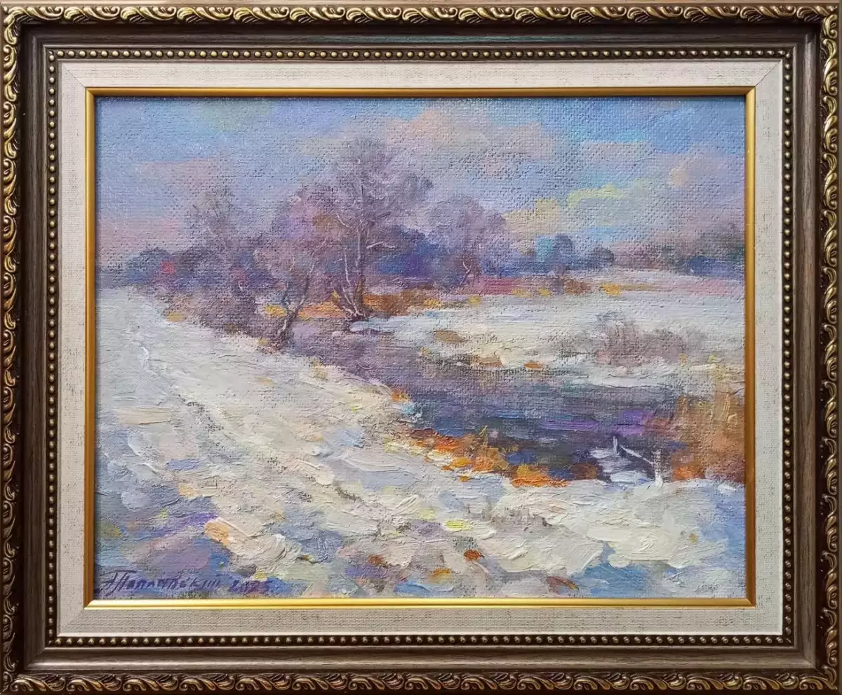 Картина. Александр Поплавский. Солнечный день зимы. Оргалит, масло. 25х34 см. Авторская живопись.