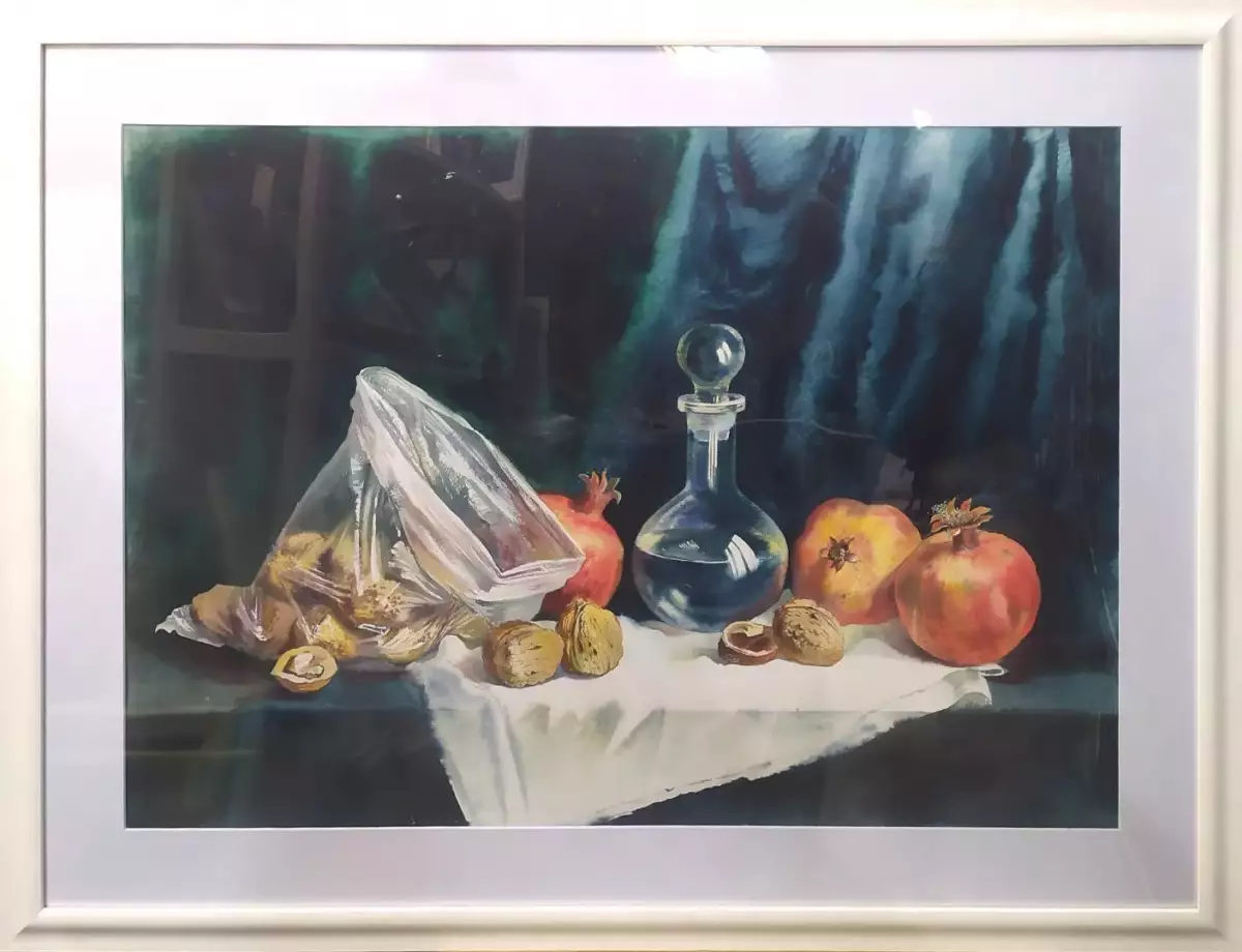 Картина. Людмила Петренко Орехи и гранаты, бумага, акварель, 66х87 см. Авторская живопись.
