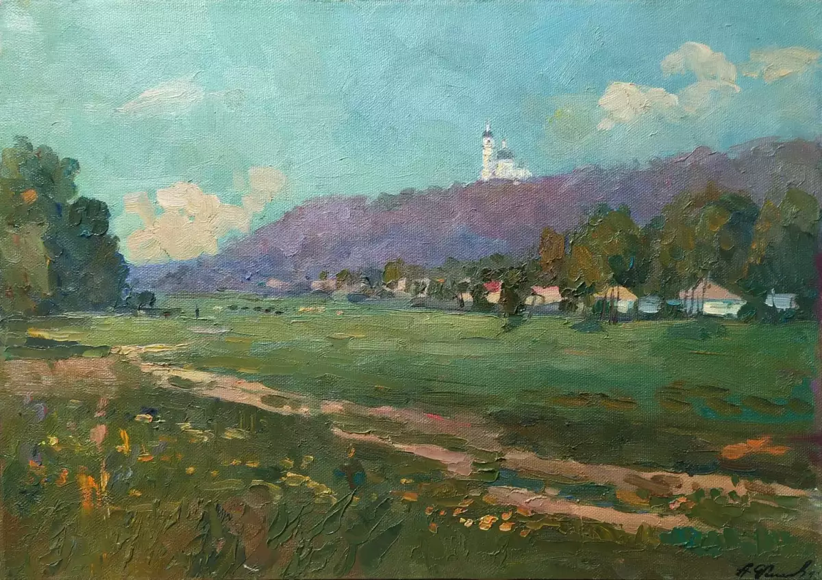 Картина. Александр Филиппов Над просторами с. Мгар, холст, масло, 35х50 см. Авторская живопись.