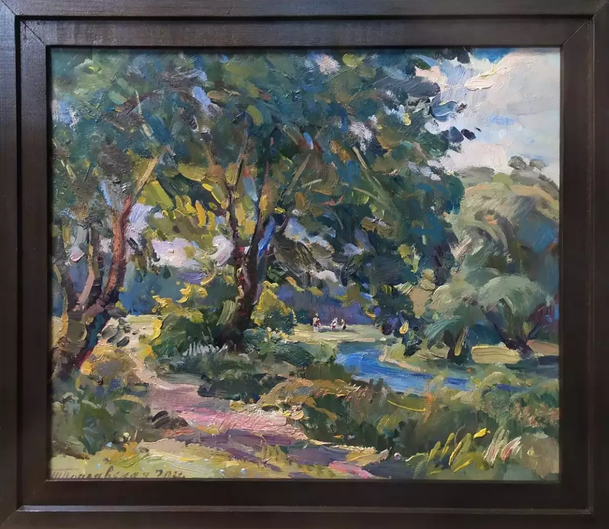 Картина. Татьяна Поплавская этюд В тени у речки, картон, масло, 31х35 см. Авторская живопись.