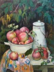 Картина. Надежда Кущева Натюрморт с яблоками, двп, масло, 64х48 см. Авторская живопись.