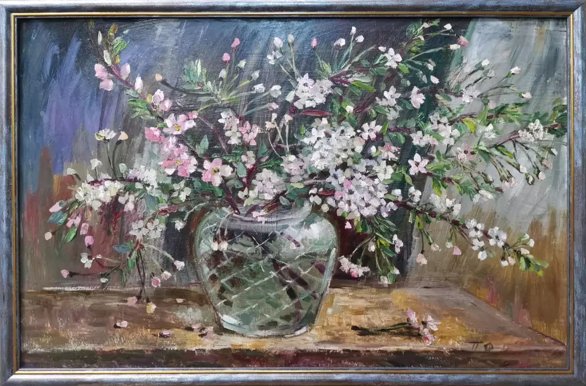 Картина. Ольга Пономарева Цветение, картон, масло, 40х60 см, габ 61.5х41.5 см. Авторская живопись.