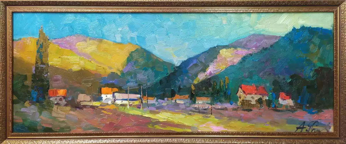 Картина. Александр Филиппов Утро в горах, холст, масло, 30х80 см. Авторская живопись.