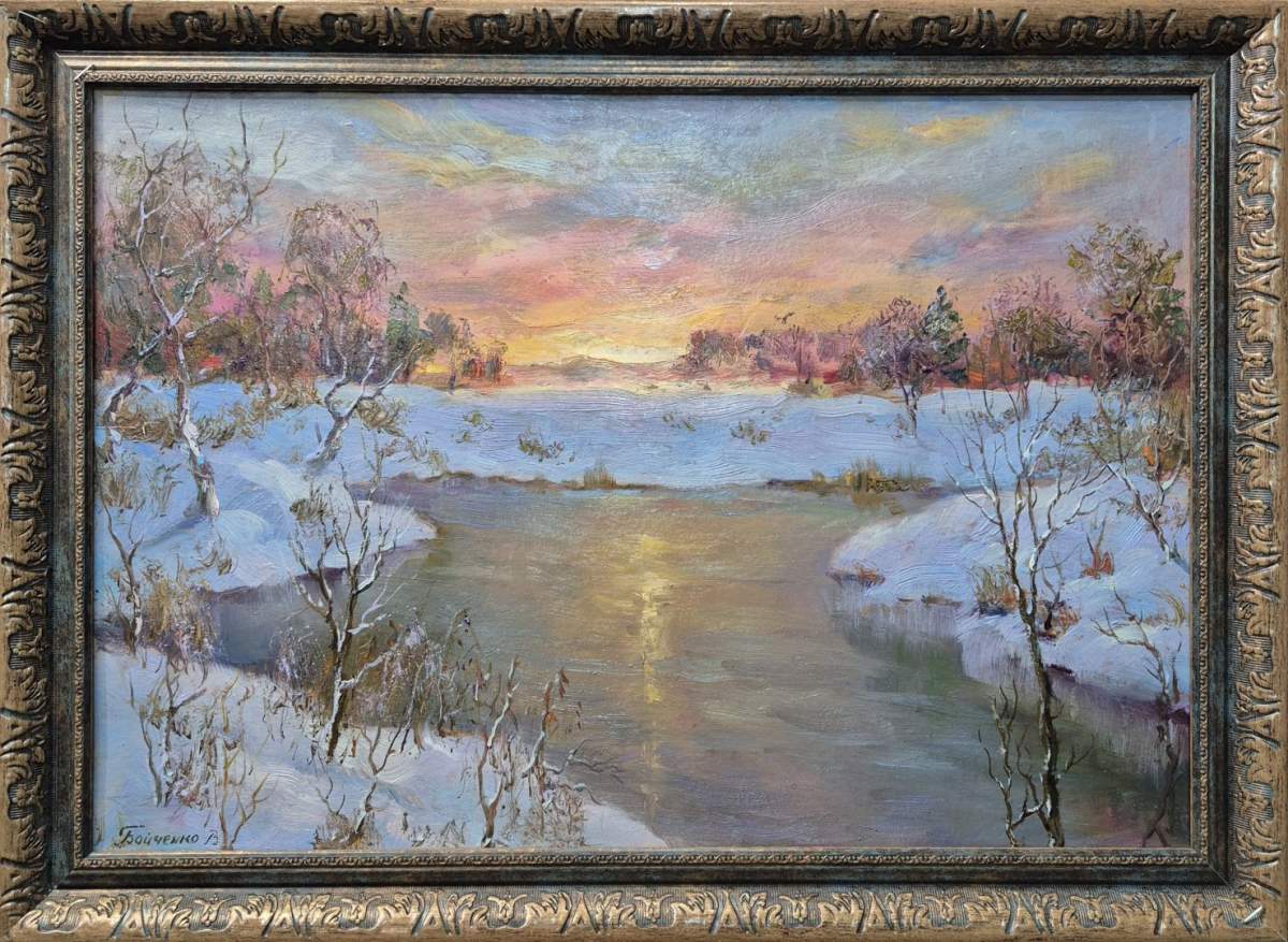Картина. Виктор Бойченко. Зимний закат. Картон, масло. 35х50 см. Авторская живопись.
