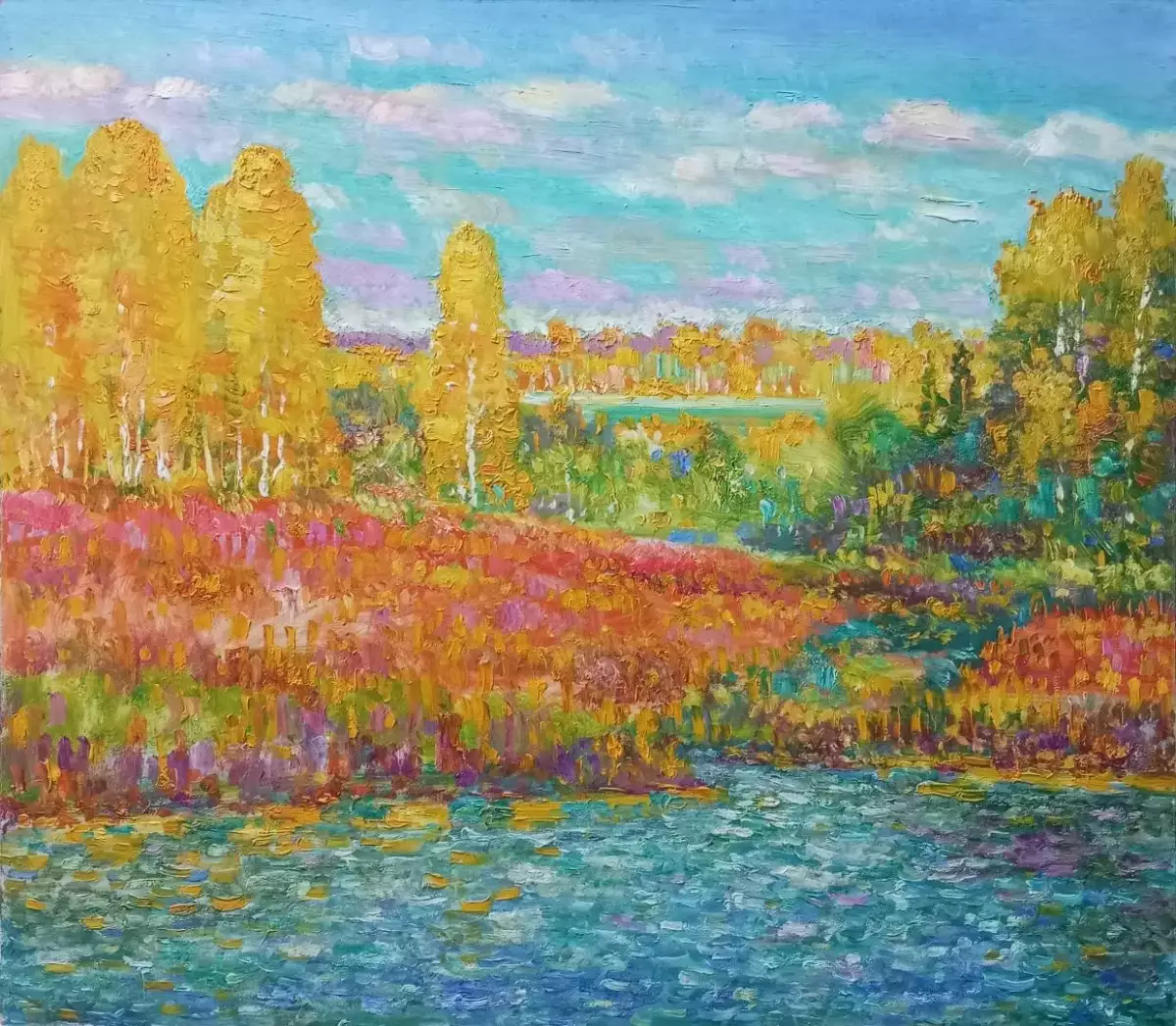 Картина. Сулеков Юрий. Осень в плешках, оргалит, масло, 53х61. Авторская живопись.