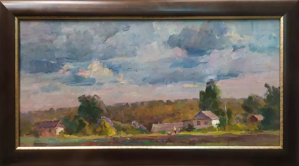 Картина. Александр Поплавский Майский вечер в Залесном картон, масло, 25х50 см. Авторская живопись.