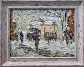 Картина. Инна Москалева. Снег в городе. Холст, картон, масло. 18х24см. Авторская живопись.
