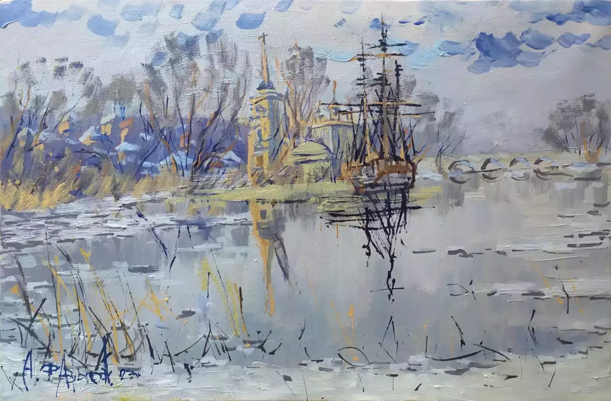 Картина. Александр Давыдов. Оттепель Воронеж, холст, масло, 35х54 см. Авторская живопись.