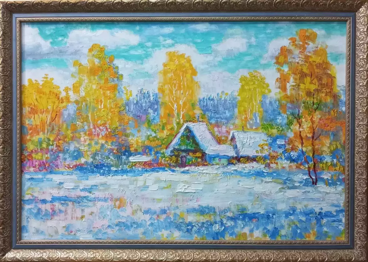 Картина. Сулеков Юрий Первый снег, оргалит, масло, 40х60см. Авторская живопись.