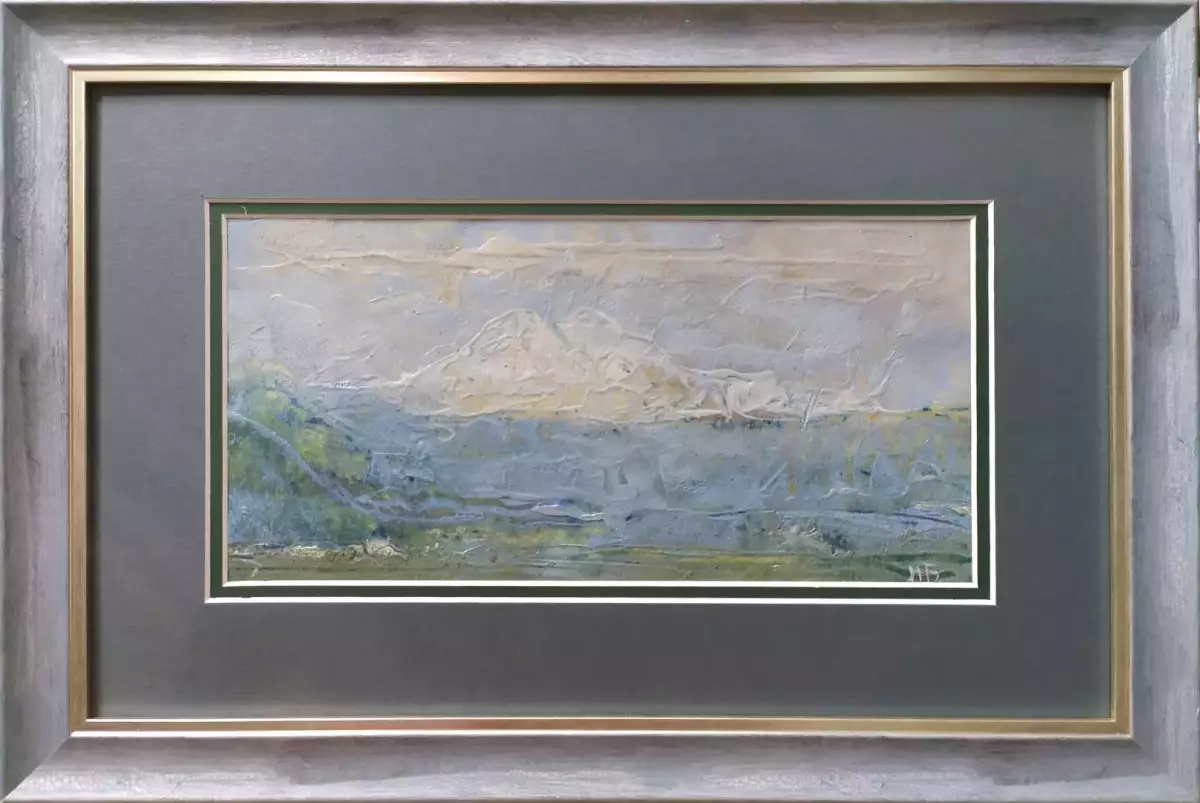 Картина. Иван Бондарев Пятигорск, вид на Эльбрус картон, масло, 14,5х29 см. Авторская живопись.
